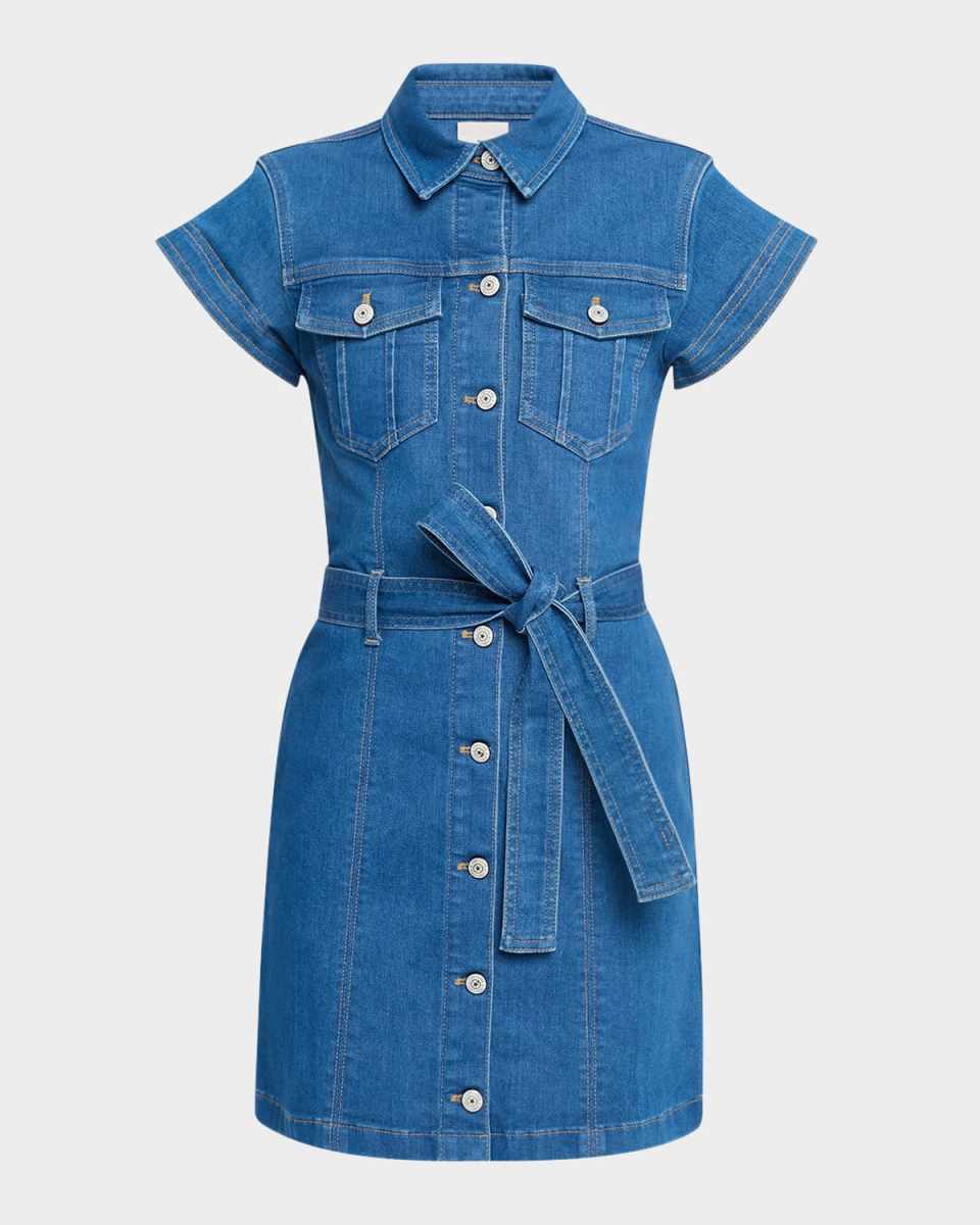 Tie Belted Short-Sleeve Denim Mini Dress